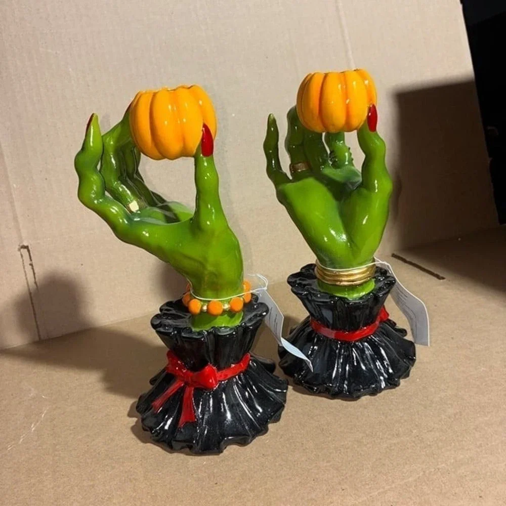 Set of 2 Green Witch Hand Pumpkin Candlestick Holders NWT